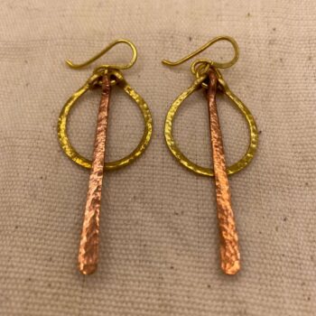 Hammered brass hoops and copper bar dangle earrings