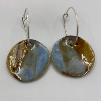 Blue and sepia ceramic circle dangly earrings