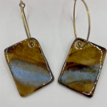 Blue and sepia ceramic rectangle dangly earrings