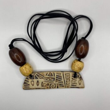 Ceramic necklace with 2 types of wooden beads, light and dakr brown, with dark leather cord