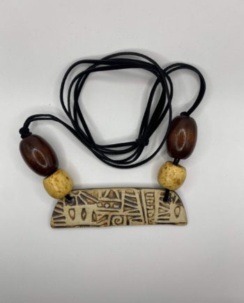 Ceramic necklace with 2 types of wooden beads, light and dakr brown, with dark leather cord