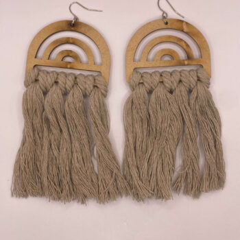 Beige macrame with wooden arch dangly earrings