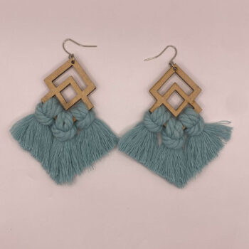 Blue macrame with wooden diamond dangly earrings