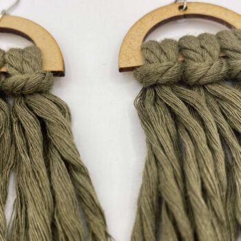 Khaki macrame with wooden arch dangly earrings