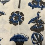 Block printed blue lotus flower cotton fabric 1 metre