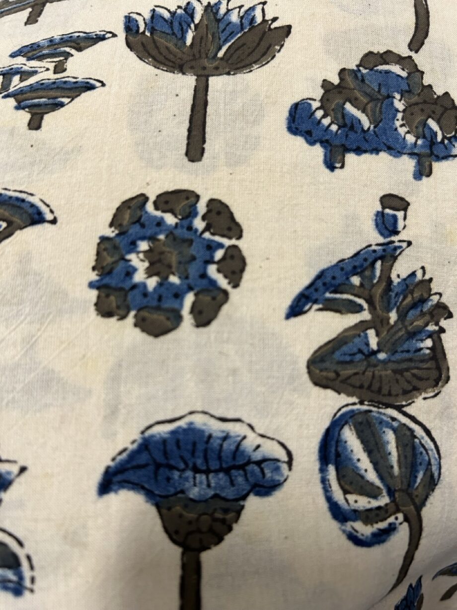 Block printed blue lotus flower cotton fabric