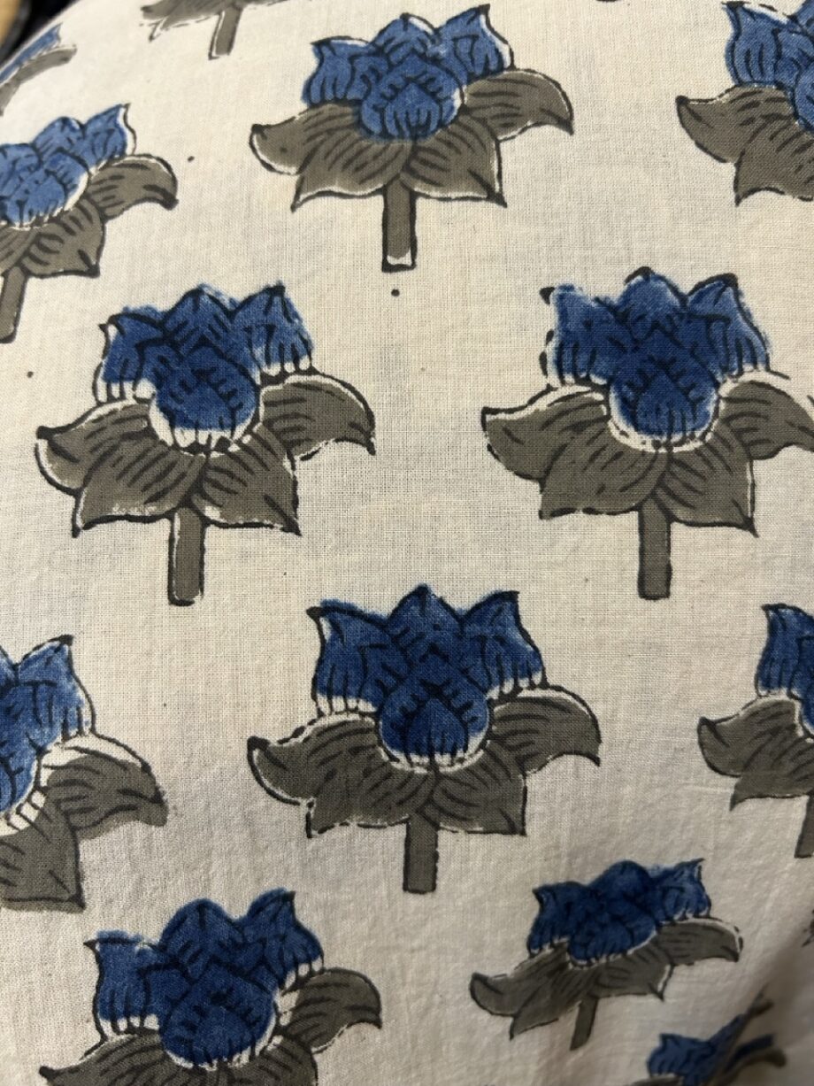 Block printed blue flower cotton fabric