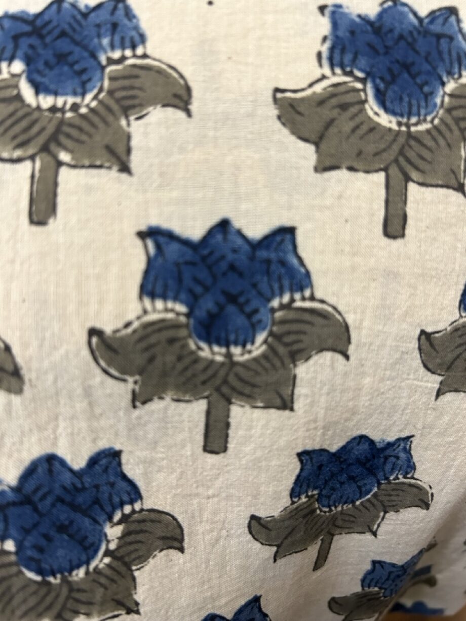 Block printed blue flower cotton fabric