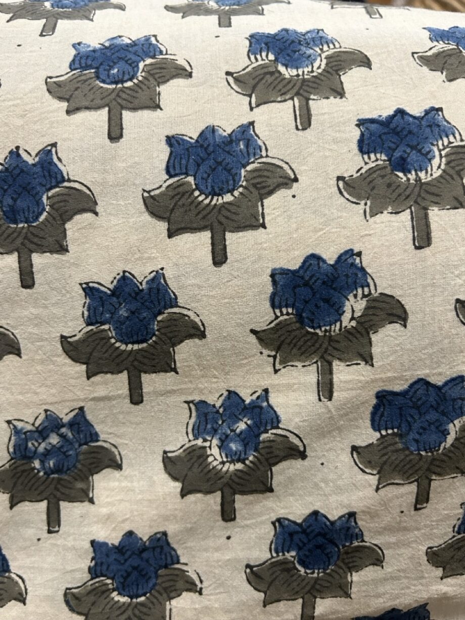 Block printed blue flower cotton fabric