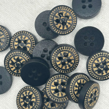 15mm Natural Wood Black Geometric, 4-Hole Sewing Button