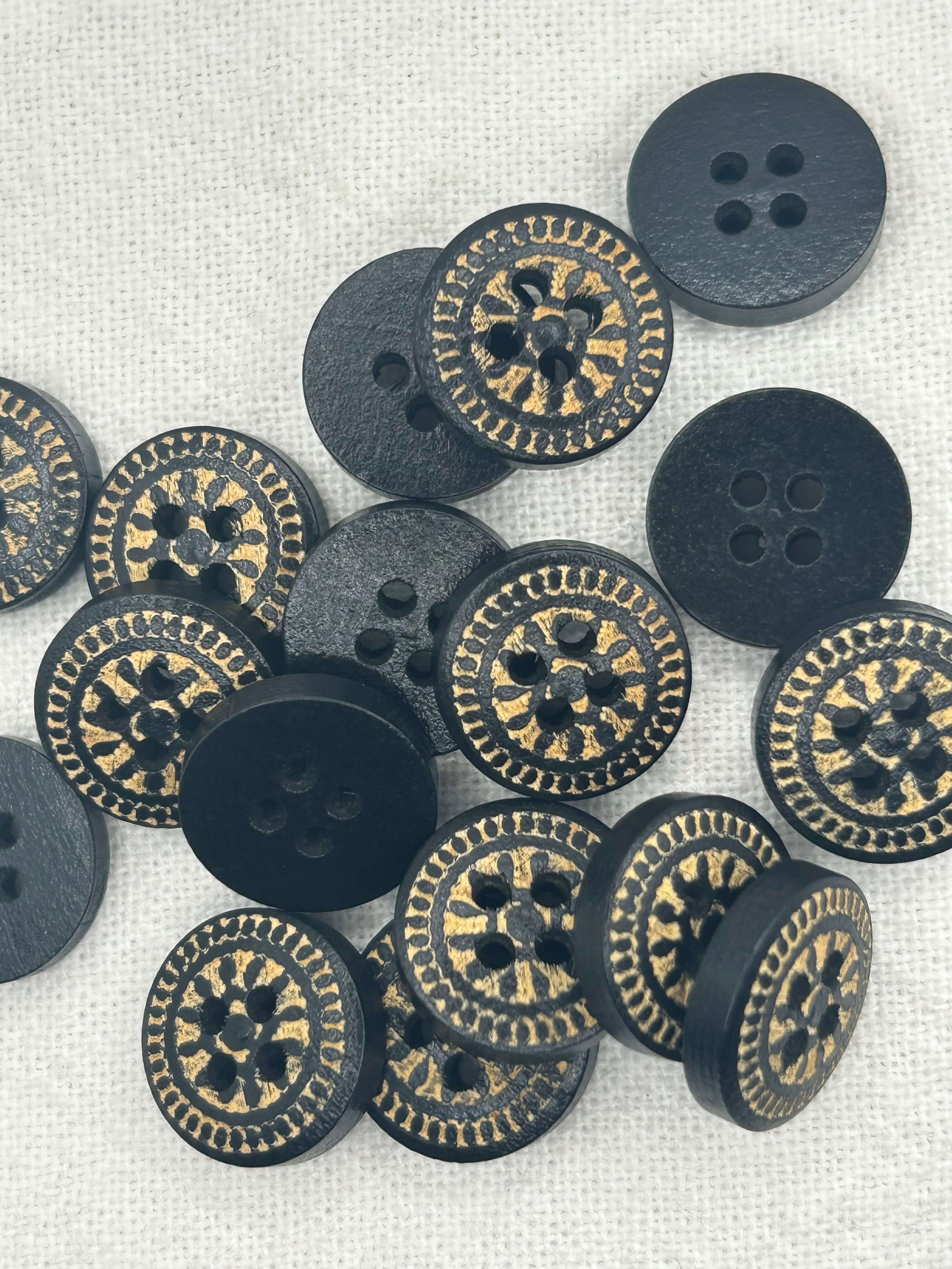 15mm Natural Wood Black Geometric, 4-Hole Sewing Button