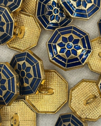 18mm Small Octagonal Golden & Blue Metal Button, Shank