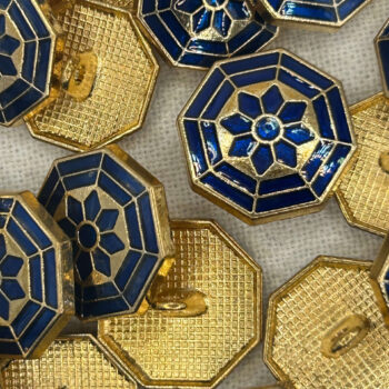 18mm Small Octagonal Golden & Blue Metal Button, Shank