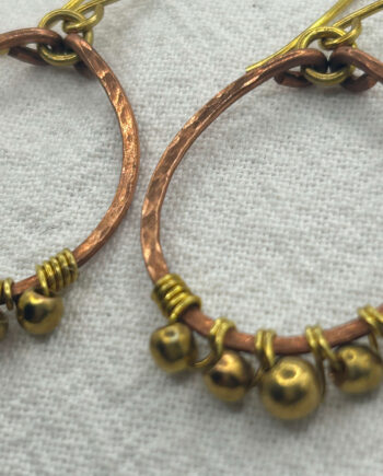 Hammered copper with brass beads hoop earrings