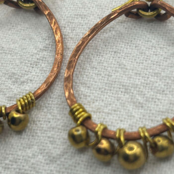 Hammered copper with brass beads hoop earrings