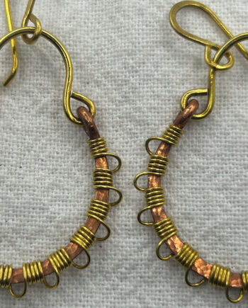 Hammered brass and copper wire wrapped hoop earrings