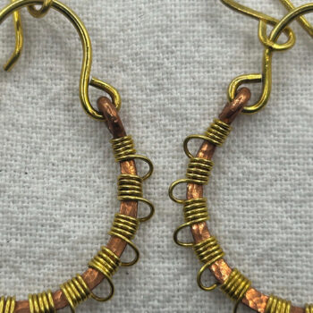 Hammered brass and copper wire wrapped hoop earrings