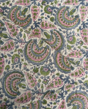 Sage Green & Rose Pink Medallion Hand Block Print Cotton Fabric