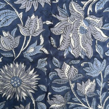 Midnight Blue Hand Block Print Cotton Fabric - Silver White Blooms