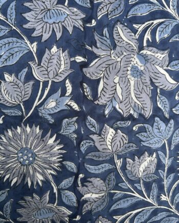 Midnight Blue Hand Block Print Cotton Fabric - Silver White Blooms