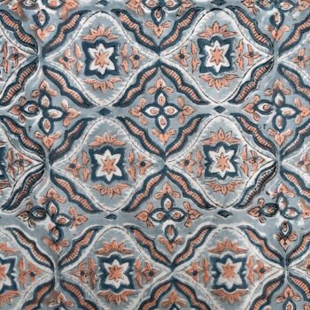 Cerulean Blue & Peach Pink Tile Motif Hand Block Print Fabric