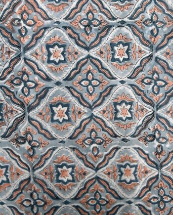 Cerulean Blue & Peach Pink Tile Motif Hand Block Print Fabric