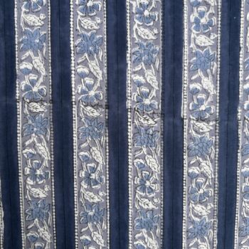 Indigo Blue Stripe Floral Vine Hand Block Printed Cotton Fabric