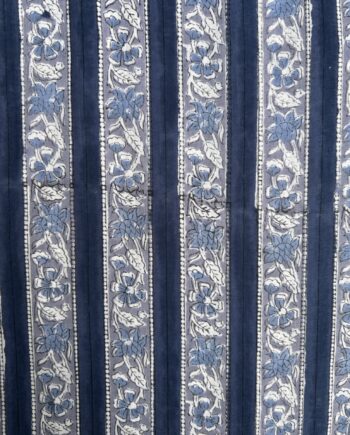 Indigo Blue Stripe Floral Vine Hand Block Printed Cotton Fabric