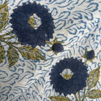Midnight Blue Dahlia & Leaf Hand Block Printed Cotton Fabric