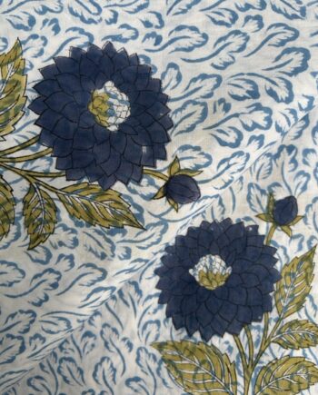 Midnight Blue Dahlia & Leaf Hand Block Printed Cotton Fabric