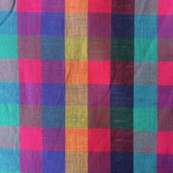 Colourful handwoven Madras Kattam cotton fabric with small pink, turquoise, green, blue and yellow checks