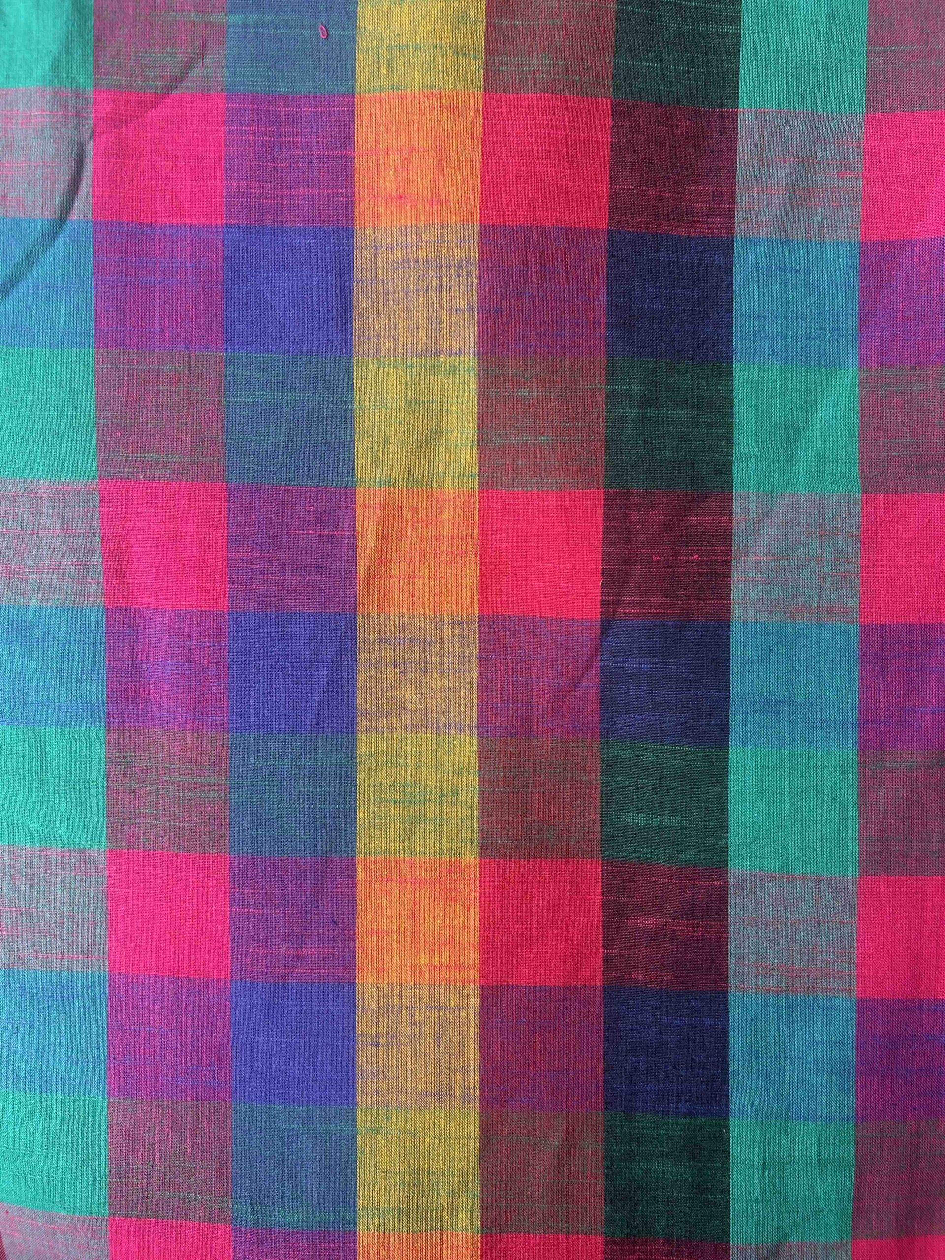 Colourful handwoven Madras Kattam cotton fabric with small pink, turquoise, green, blue and yellow checks