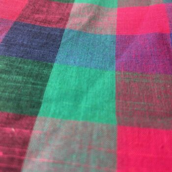 Handwoven Madras Kattam cotton fabric with large teal, pink, mustard, orange and green checks