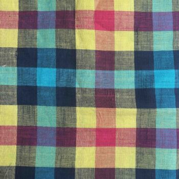 Handwoven Madras Kattam cotton fabric with small yellow, turquoise, black, burgundy, orange and green checks