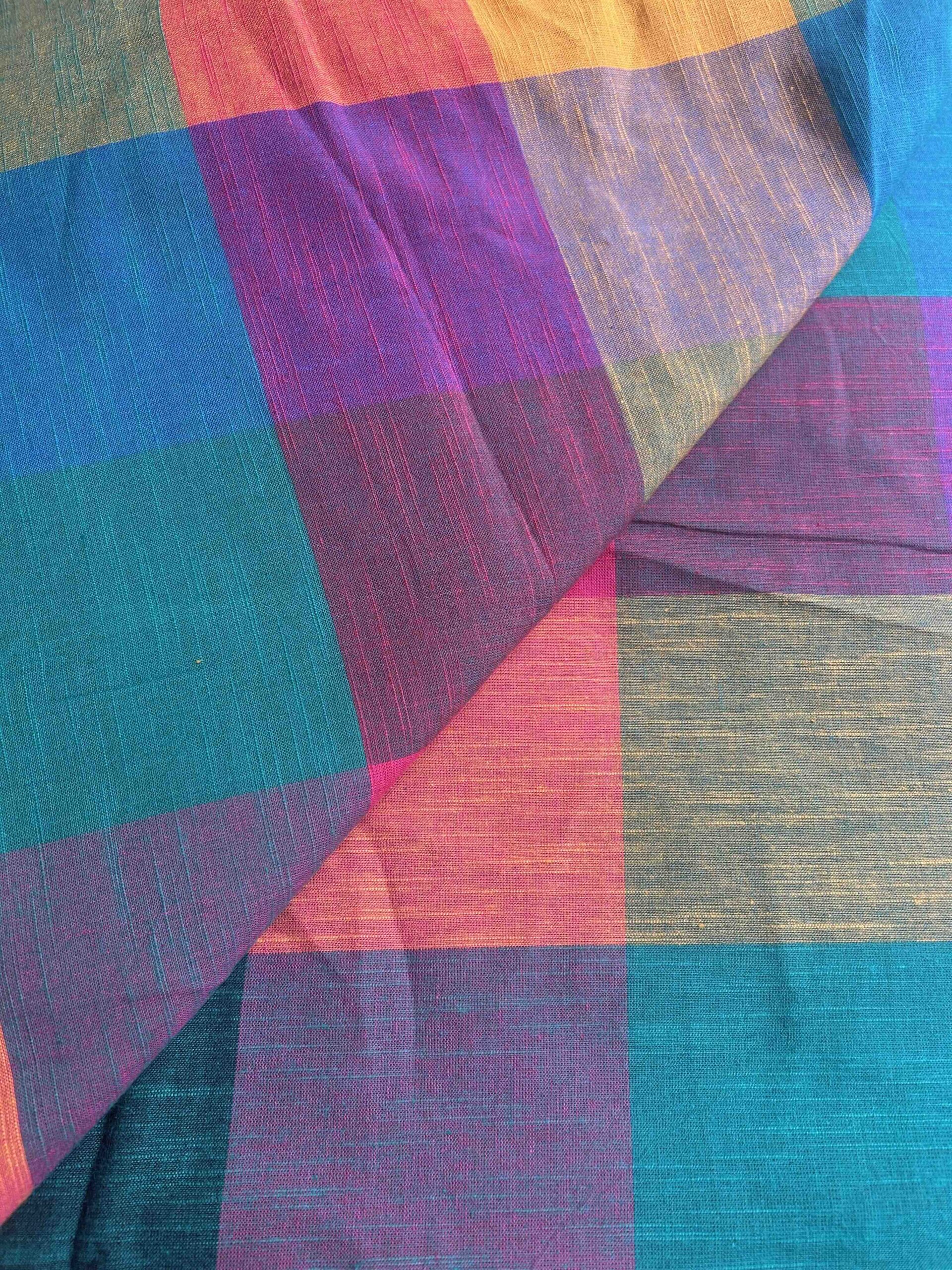 Handwoven Madras Kattam cotton fabric with large teal, pink, mustard, orange and green checks