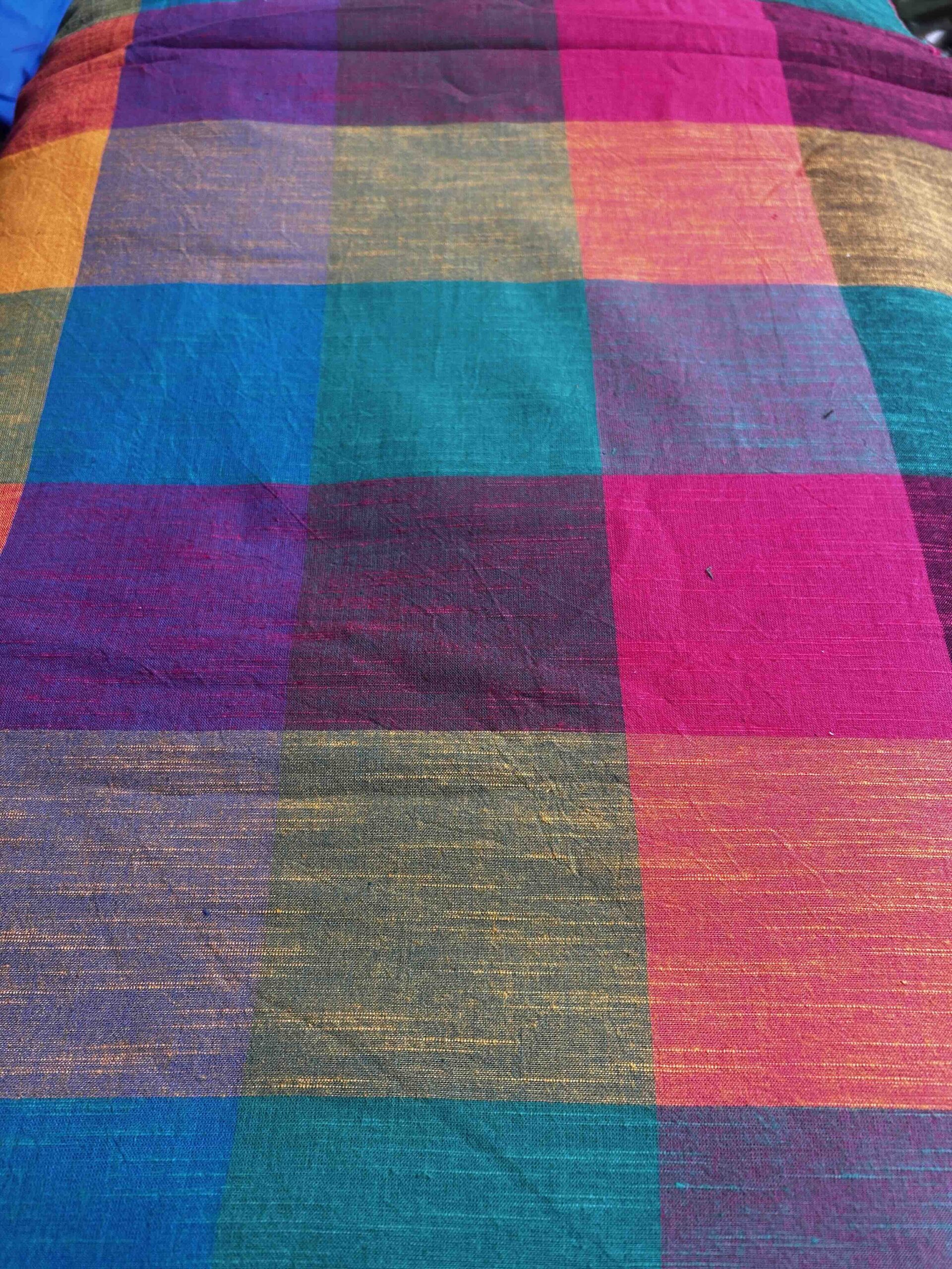 Handwoven Madras Kattam cotton fabric with large teal, pink, mustard, orange and green checks